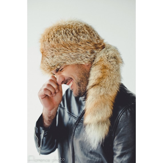 Men's Red Fox Fur Hat With Tail | Real Fur Trapper Hat | Wild