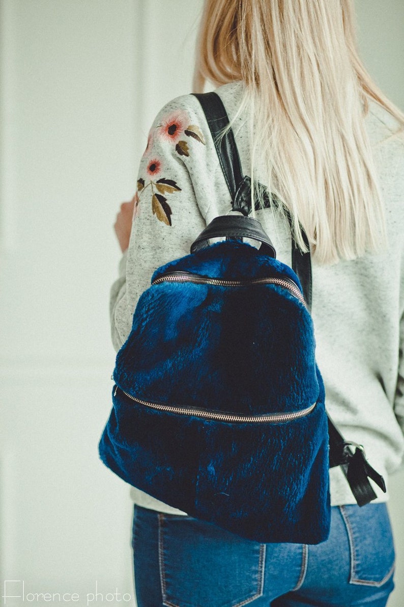 Blue Fur Backpack Real Fur Backpacks Womens Fur Bag Backpack Purse Blue