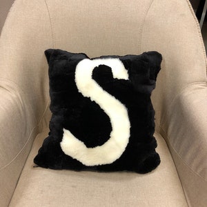 Customized Black & White Beaver Fur Pillow Cover | Monogram Cushion | Luxury Living Room Decor | 16x16&quot;