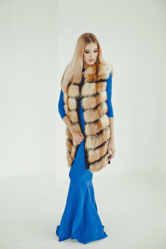 Long Red Fox Fur Vest | Genuine Leather Accents - Etsy
