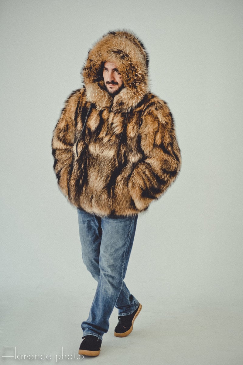 Mens Raccon Fur Jacket Hodded Coat Men Winter Coats Male | Etsy