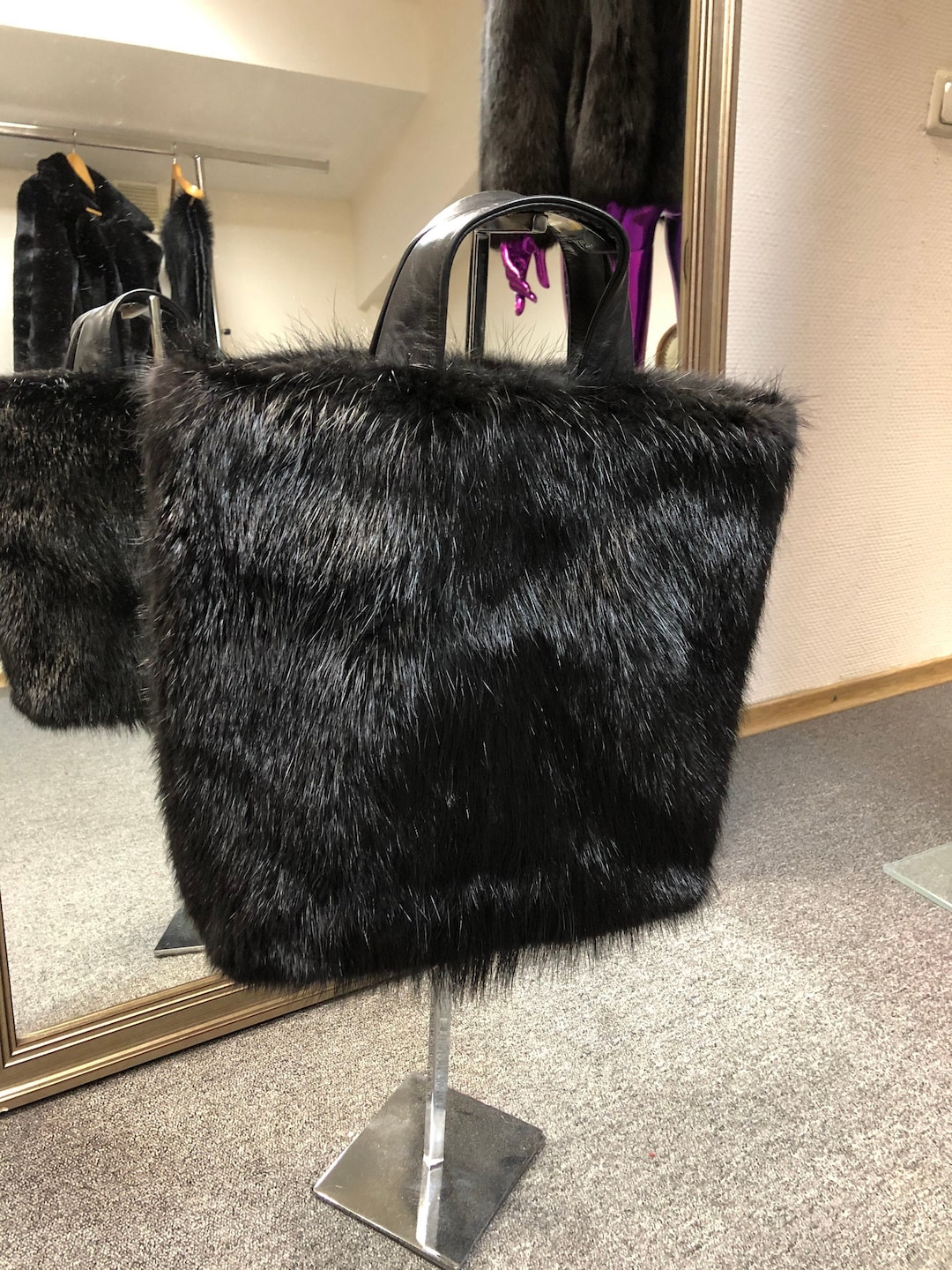 Black Fur Tote Bag Real Fur Handbags Big Handbag Etsy UK