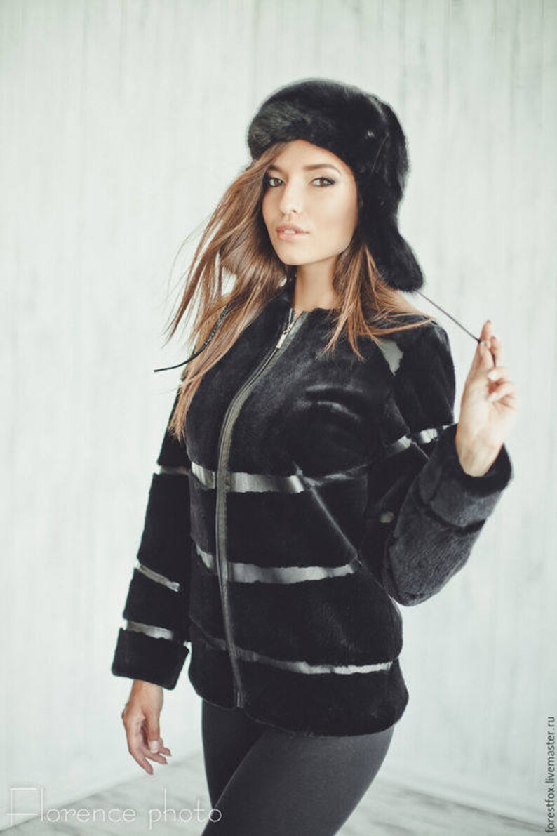 Schwarze Echtpelz-Jacke für Frauen | geschorene Biber Wintermantel | Weihnachtsgeschenk für Sie Bild 3