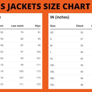 May include: A size chart for jackets, showing measurements in both inches and centimeters. The chart includes sizes from XS to 5XL, with measurements for chest, low waist, and hips.