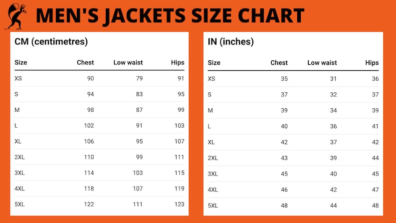 May include: A size chart for jackets, showing measurements in both inches and centimeters. The chart includes sizes from XS to 5XL, with measurements for chest, low waist, and hips.