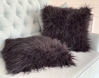 Two Black Lama Fur Pillow Cover  Cushion Cases  Fur Living Room Pillows Decor 18"x18"  Window Seat Cushions
