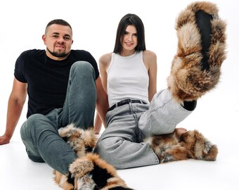 Fuchspelz Hausschuhe Rote und Schwarze Echtpelz Hausschuhe für