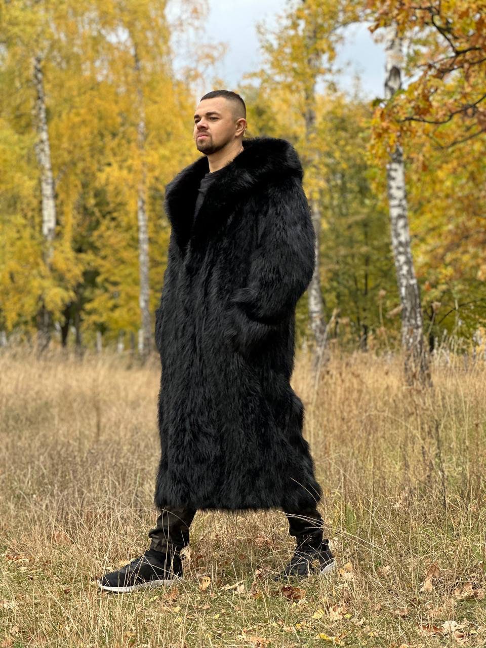 Hooded Long Mens Beaver Fur Coat Black I Full-length Luxury