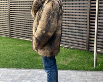 咲村宇音様オリーブグリーン リアルファー付きヴィンテージジャケットITALY メンズ ラクーンファージャケット I 大きめ襟付きオーバーサイズリアル