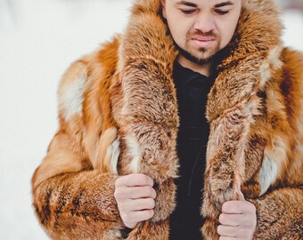 メンズロングレッドフォックスファーコート I リアルファー
