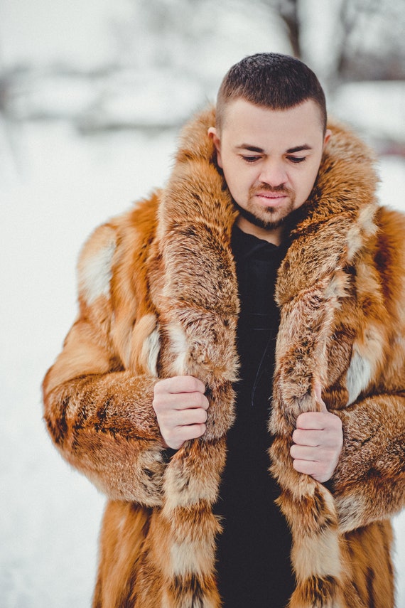 Old DIrd Fox Fur Mink Fur Coat Winter Warm Fur Jacket Long Sleeveless Coats  for Men Oversize Parka Outerwear with Hood(Brown,S) at  Men's  Clothing store