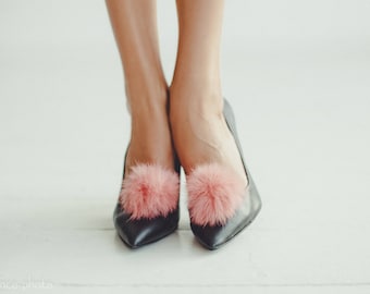 Pink Pom Pom Shoe Clips -  Real Fur Shoe Clips - Fur accessories for Shoes