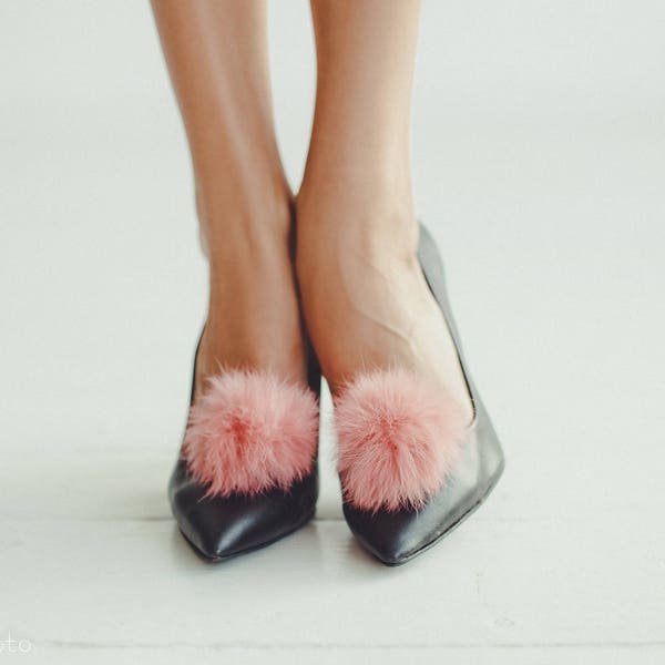 Pink Pom Pom Shoe Clips -  Real Fur Shoe Clips - Fur accessories for Shoes