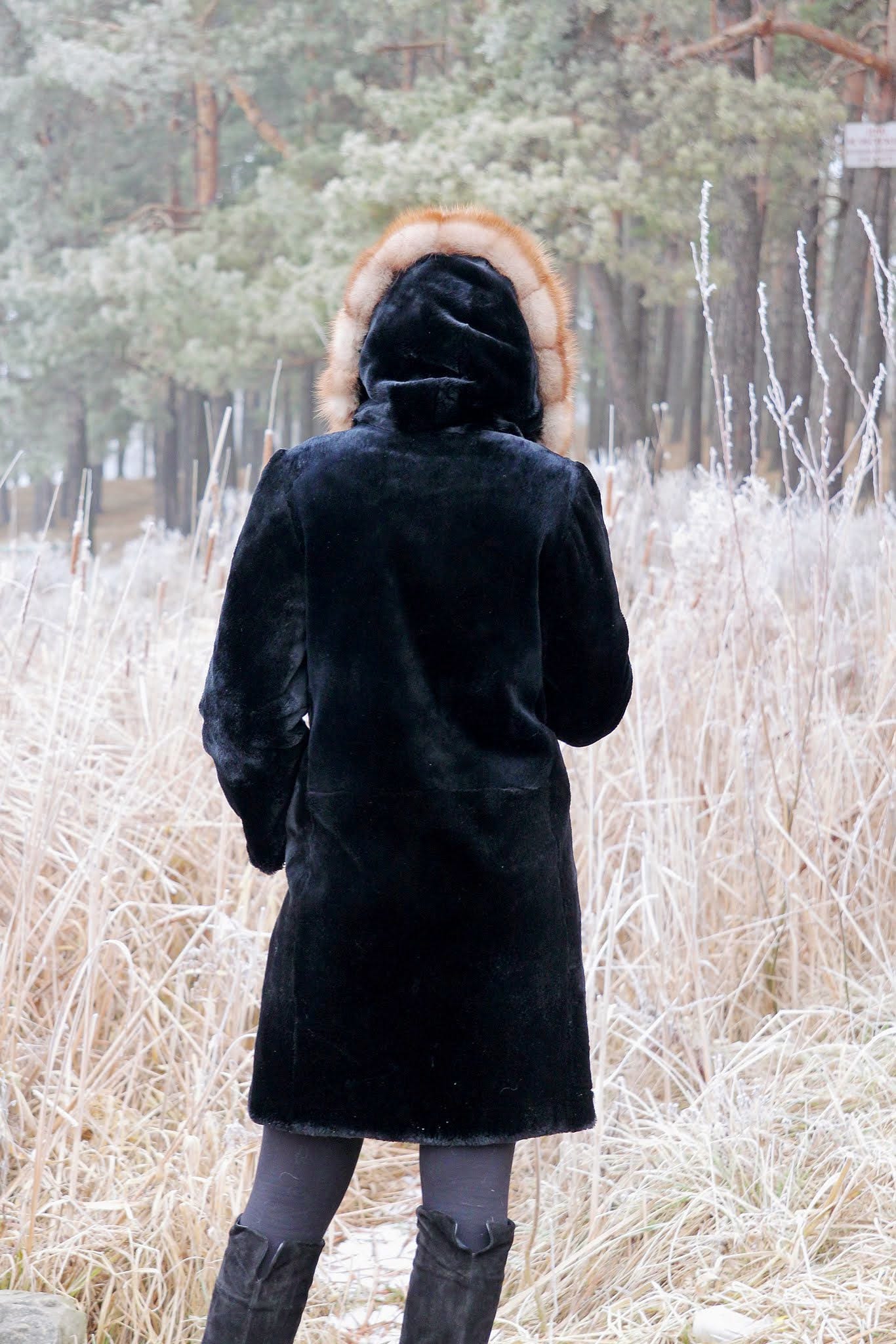 Sheared Beaver Fur Coat | Marten Trim Hood, Real Fur Winter Jacket