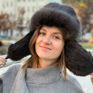 White Fur Hat with Ear Flaps Ushanka Russian Womens Aviator Hat Gray
