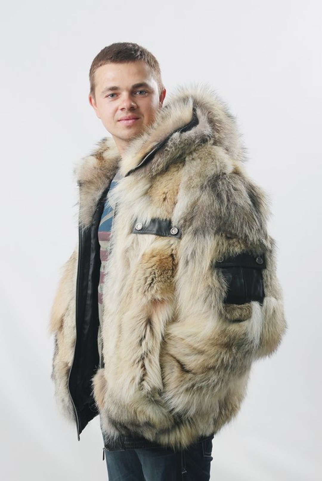 Coyote Fur Coat for Men Mens Winter Jacket Bomber Hooded photo