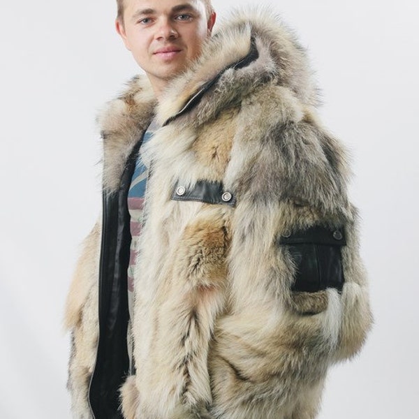 Coyote Fur Coat for Men - Mens Winter Jacket - Bomber Hooded Coat Men