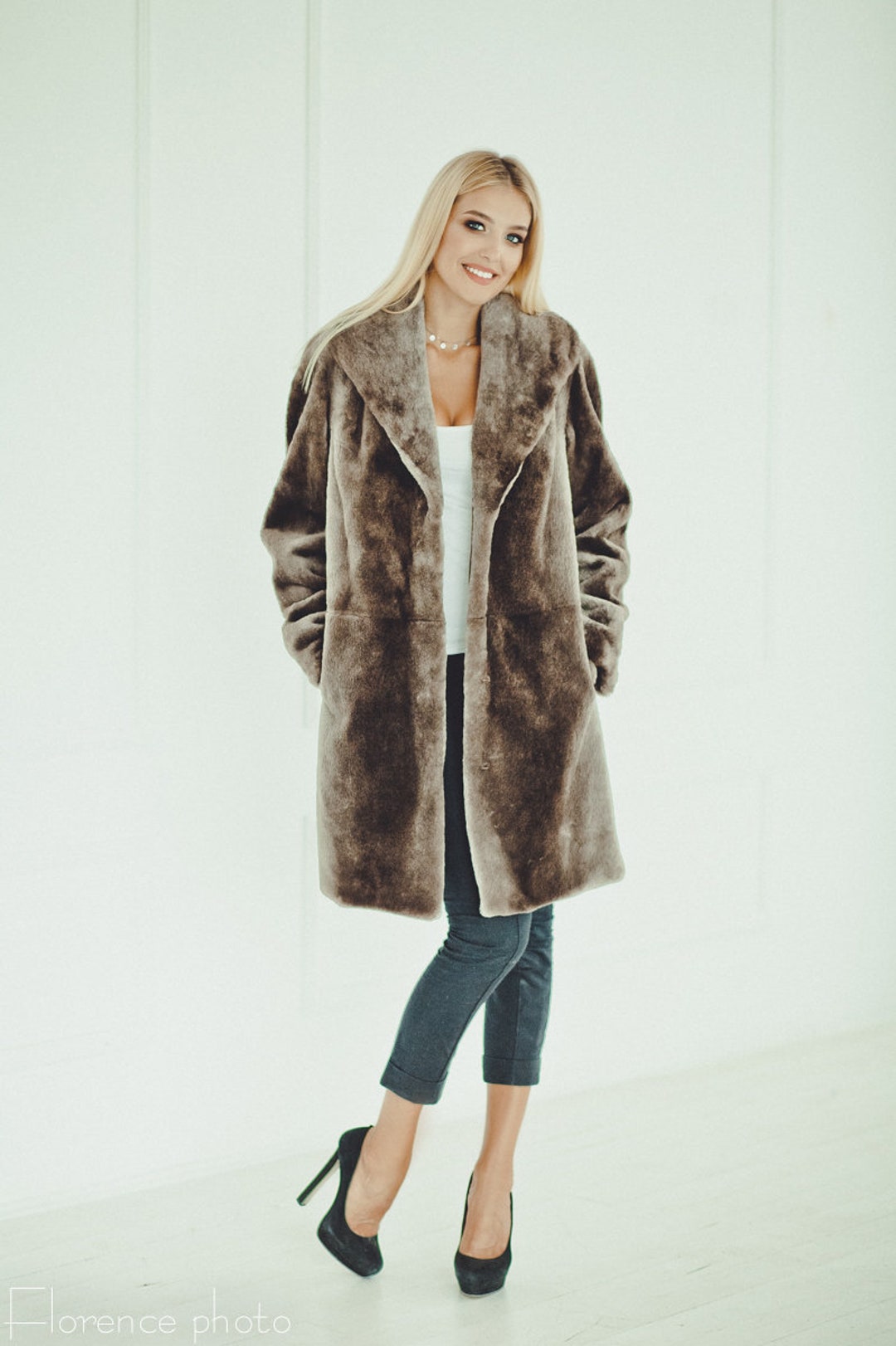 Gray Sheared Beaver Fur Coat | Women's Long Winter Jacket