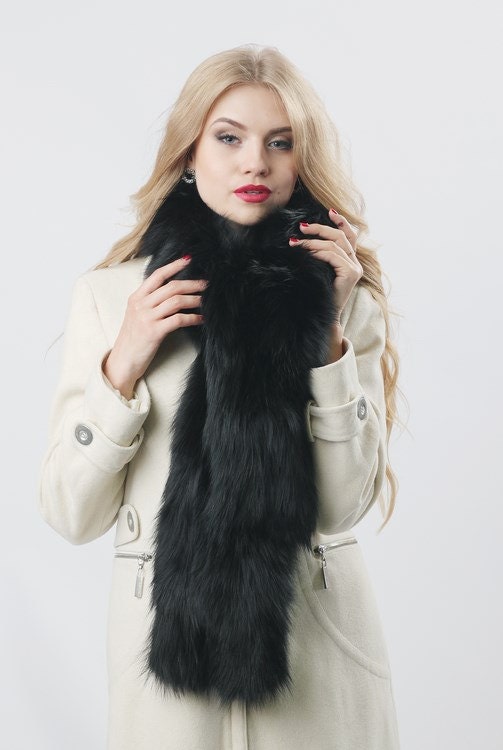Black Fox Fur Scarf Detachable Collar for Jacket Fur - Etsy