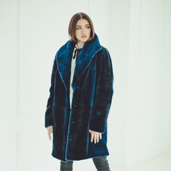 Blue Beaver Fur Coat Women | Oversized Long Winter Coat | Real