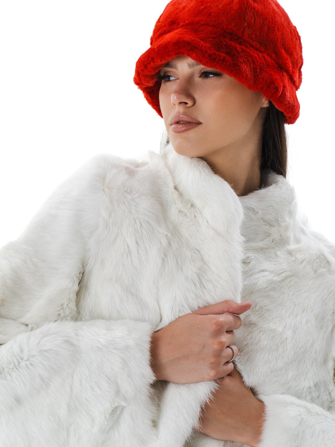 Red Rabbit Fur Bucket Hat | Real Fur Panama Hat for Women & Men