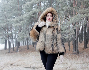 Winter Fur Jacket - Womens Hodded Coat - Bomber Jacket - Gift for her
