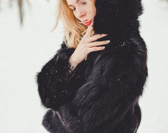 Black Hodded Fox Fur Jacket - Womens Winter Coat