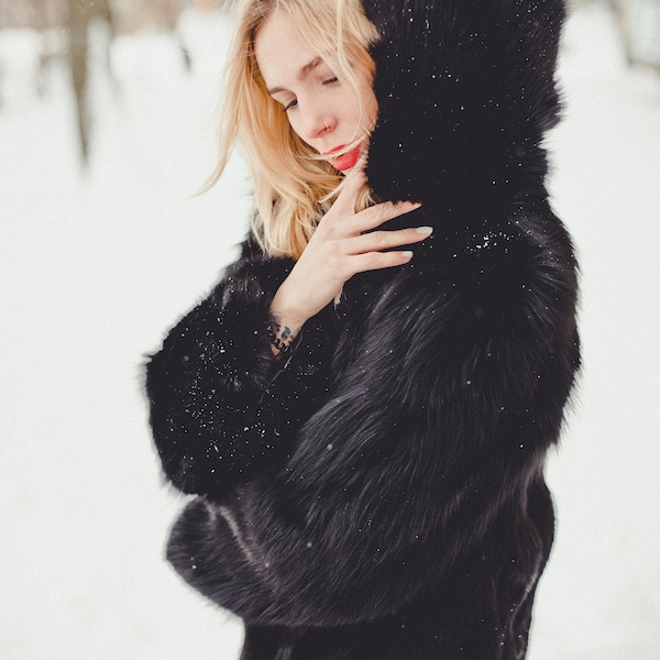 Black Hodded Fox Fur Jacket - Womens Winter Coat