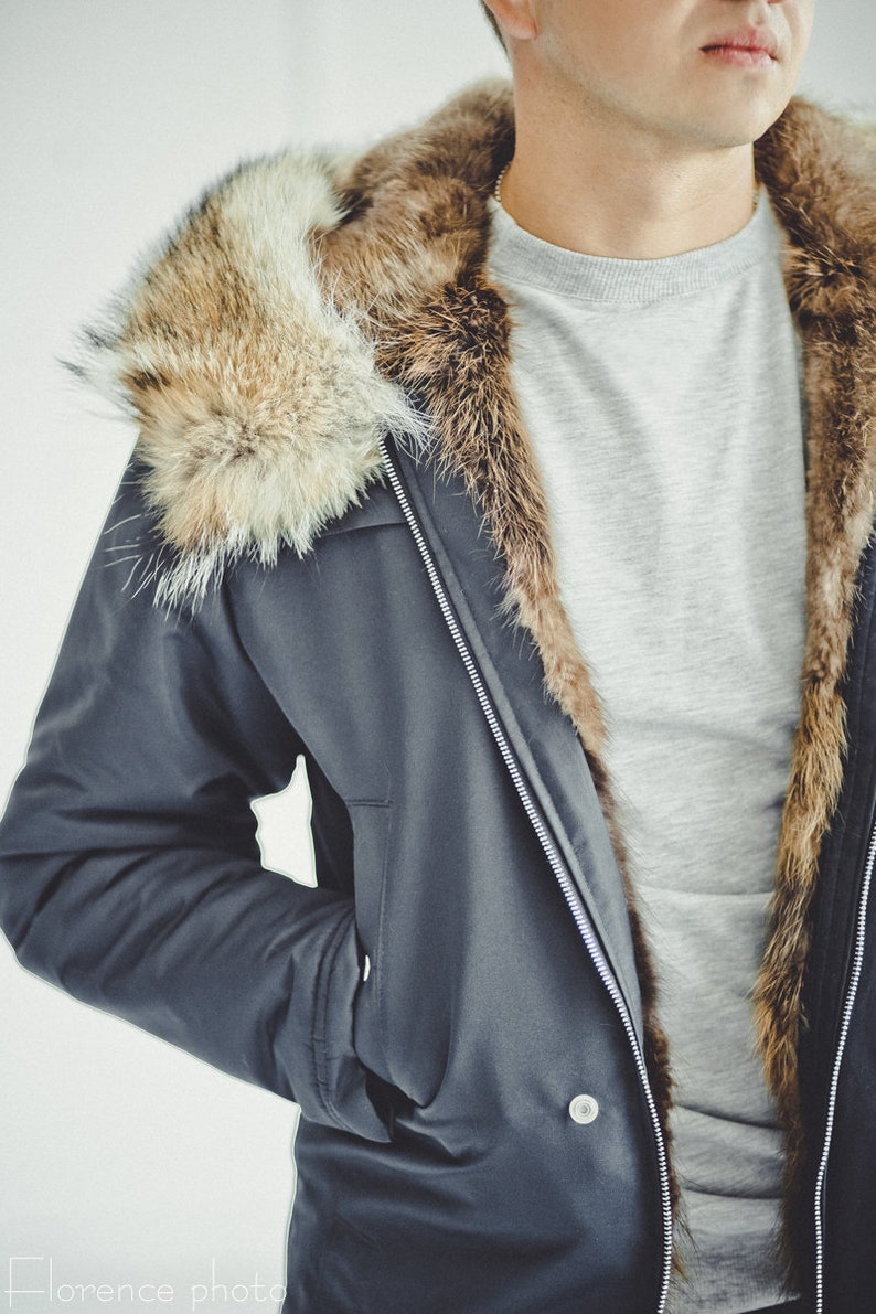 Mens Fur Lined Parka Black Coyote Fur Coat for Men Winter Etsy