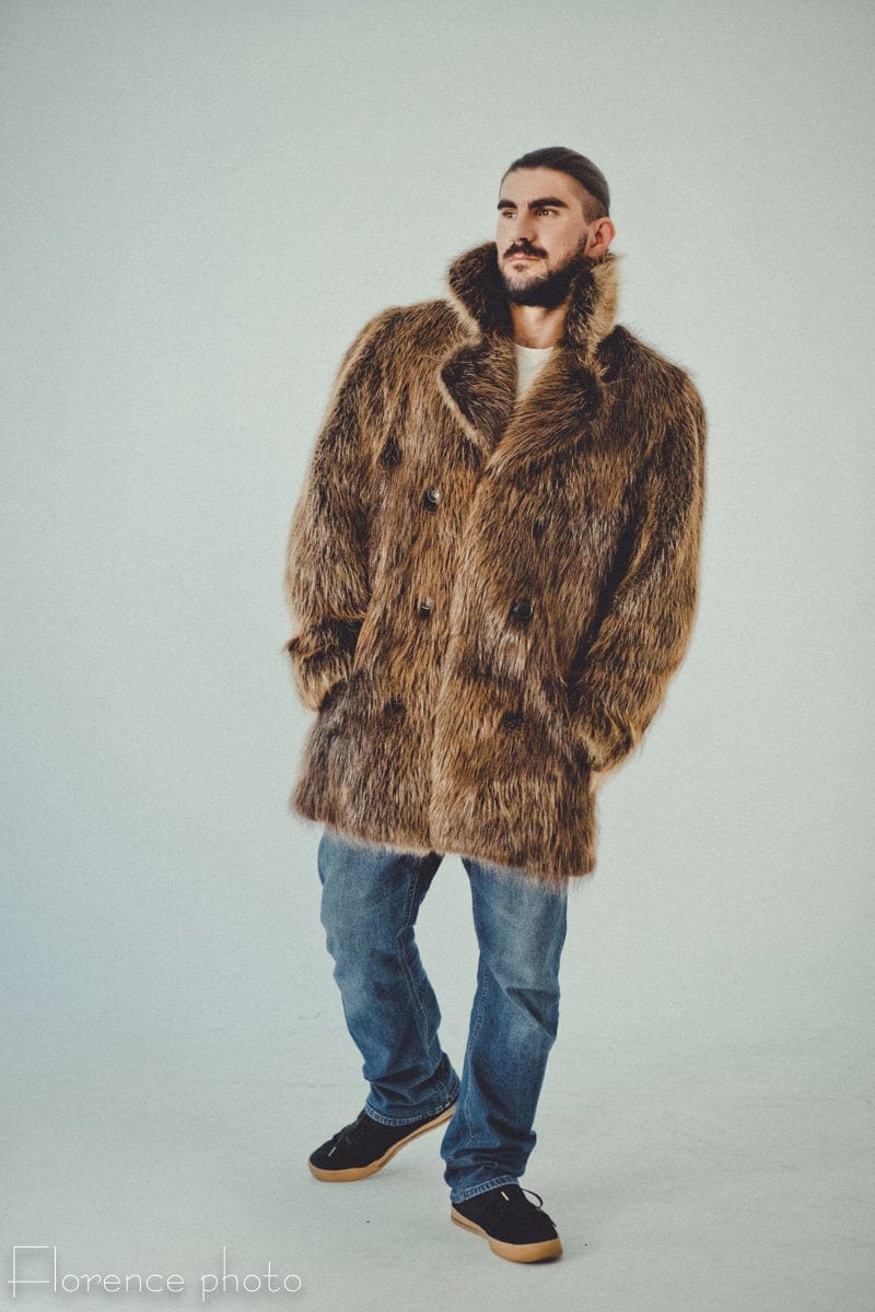 Medium Tone Long Haired Beaver Fur Parka with Leather Inserts - Men's Mink Fur Jacket- XL| Estate Furs