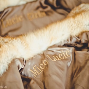 May include: A brown fur coat with a gold embroidered name "Mico Lucic" on the collar.