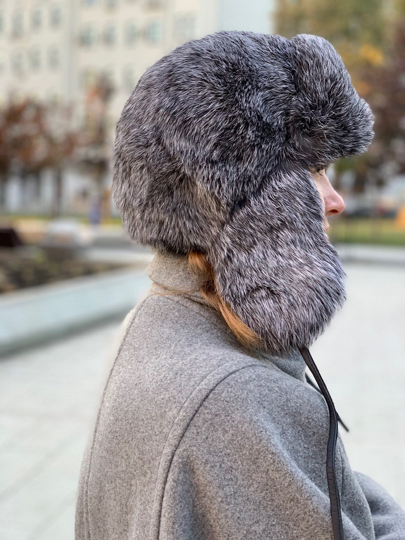 White Fur Hat with Ear Flaps Ushanka Russian Womens Aviator Hat image 6