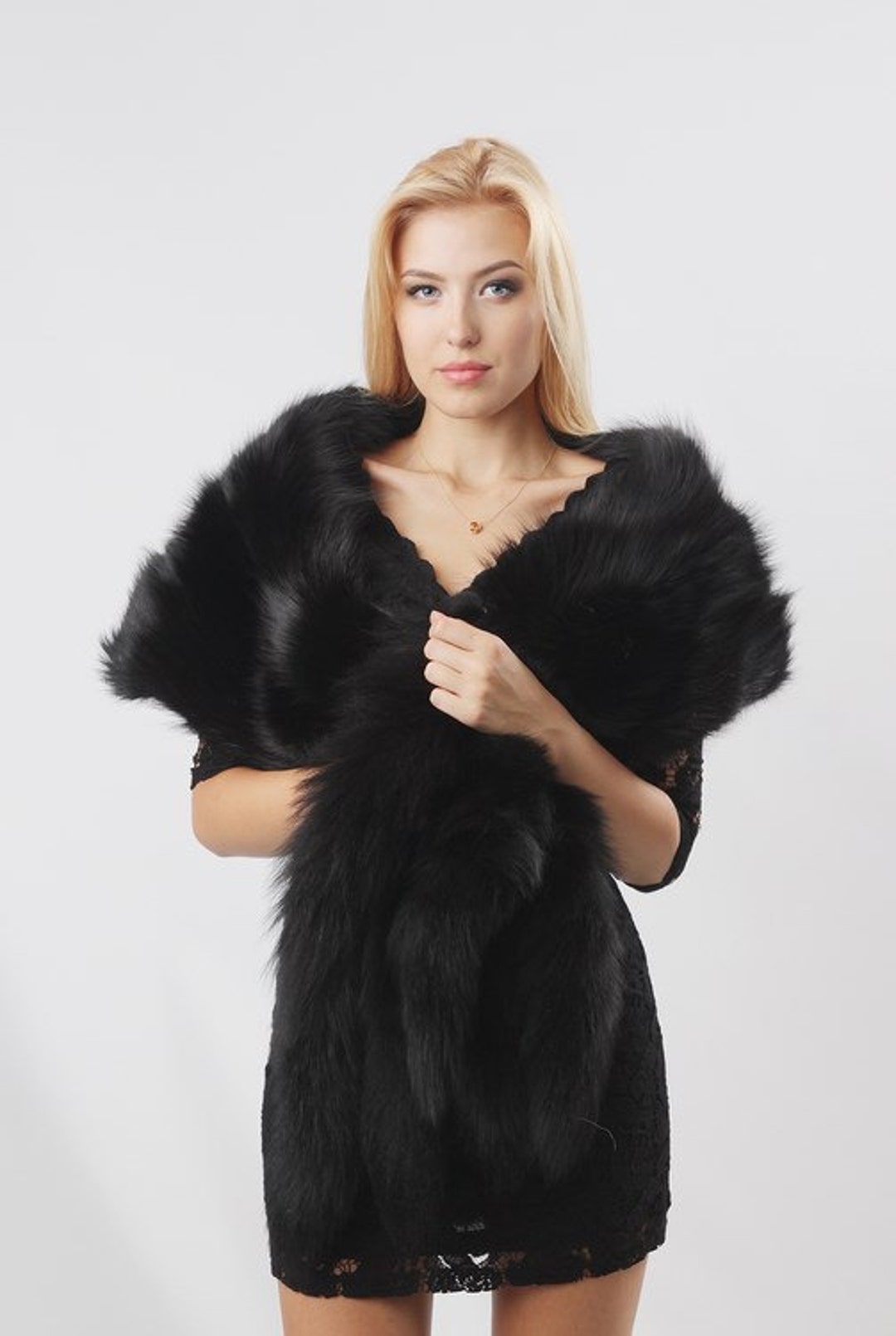 Black Fur Stole Detachable Collar for Women Bridal Wrap Fur Shrug ...