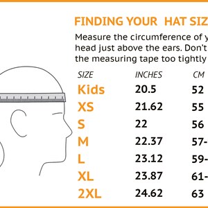 May include: A chart showing hat sizes in inches and centimeters. The chart includes sizes for kids, XS, S, M, L, XL, and 2XL. The chart also includes a diagram of a person's head with a measuring tape around it.