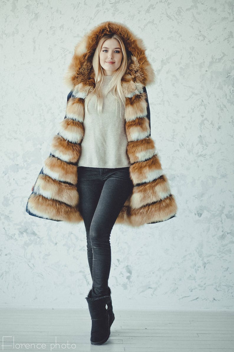 Fox Fur Parka Coat Womens Winterjas Lange jas met capuchon Windbreaker Eskimo 8e verjaardag Cadeau voor haar afbeelding 1