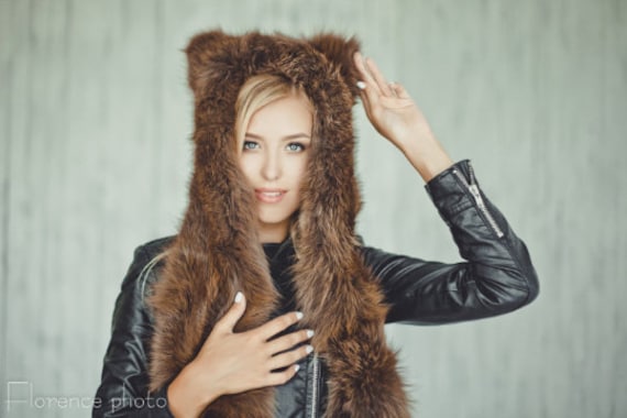 Mens Brown Fox Fur Bear Hat | Real Fur Trapper Hood | Unisex