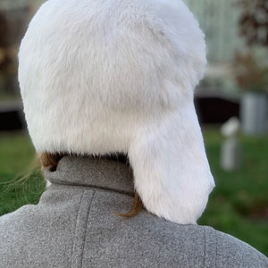 White Fur Hat with Ear Flaps Ushanka Russian Womens Aviator Hat image 5