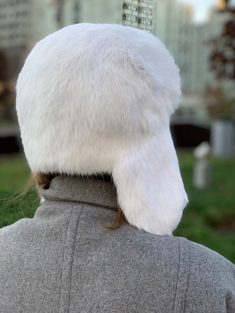 White Fur Hat with Ear Flaps Ushanka Russian Womens Aviator Hat image 5