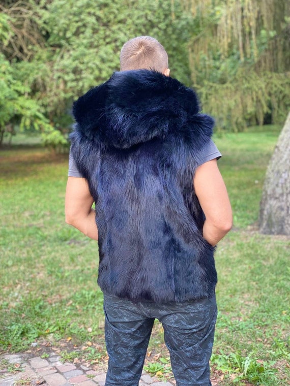 Black Hooded Fur Vest for Men I Real Fox Fur Winter Outwear - Etsy