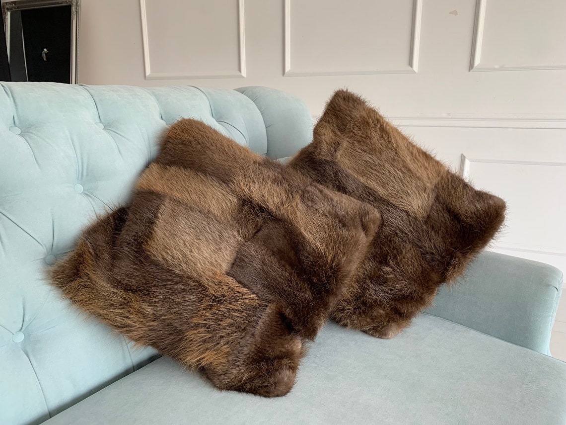 Two Real Beaver Fur Pillow Cover Cushion Cases Fur Living Etsy