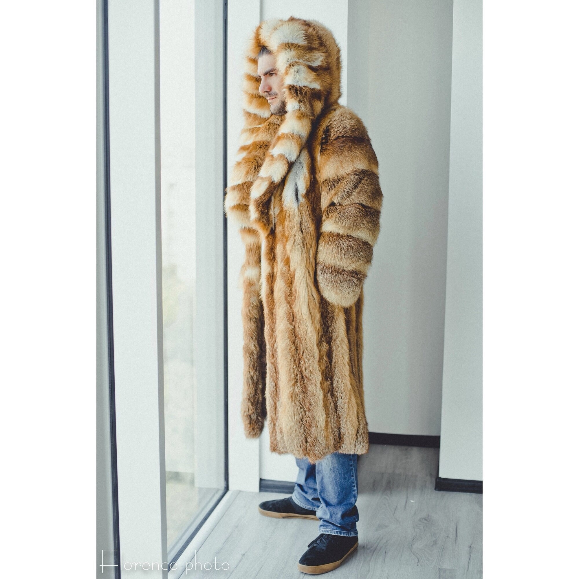 メンズ ロング丈 レッドフォックスファーコート フード付き - 本物の