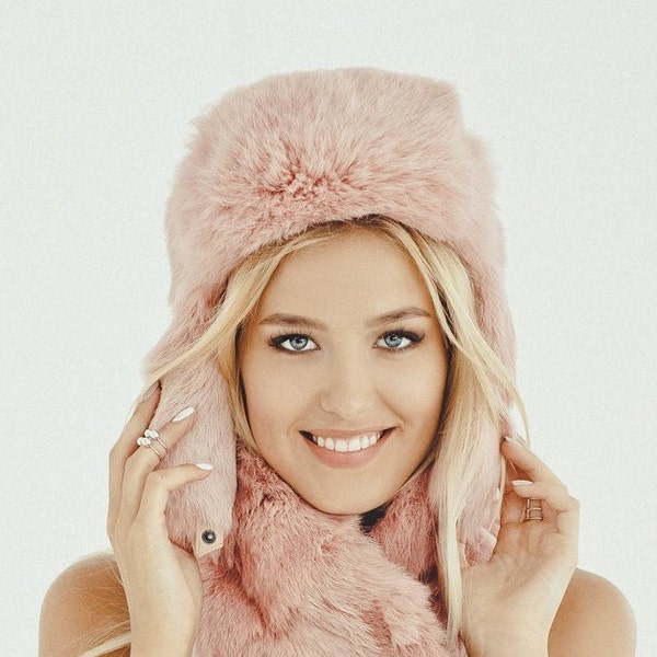 Pink Fur Hat - Womens Ushanka Russian - Aviator Hat - Mens Trapper Hat with Ear Flaps