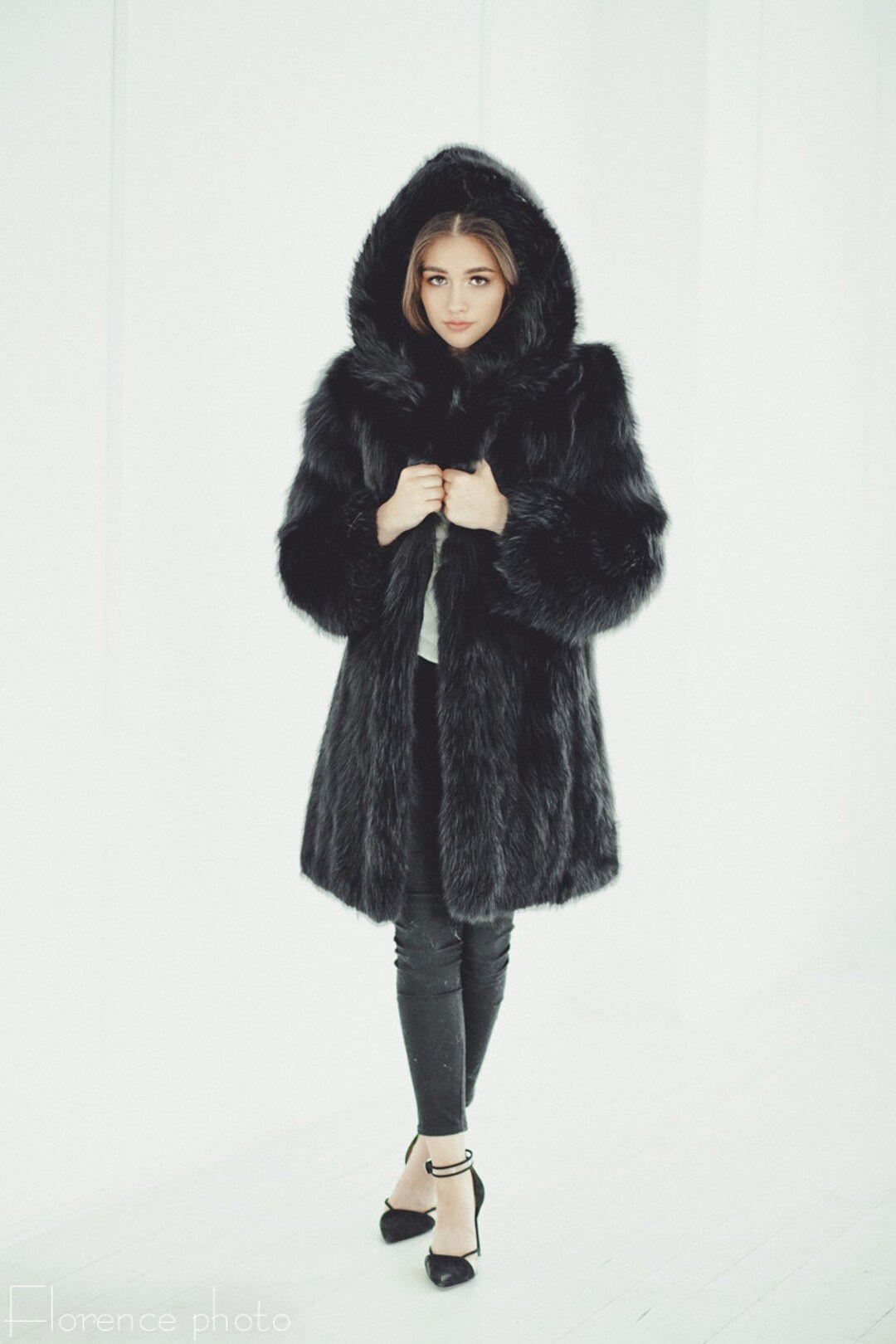 Black Fox Fur Coat Hooded Long Winter Jacket for Women Gift for Her Etsy