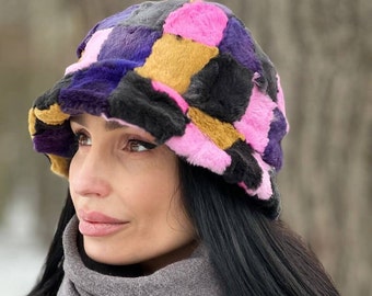 Colorful Fur Bucket Hat - Womens Real Fur Winter Hats - Winter Panama Hat