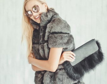 Grey Rabbit Fur Vest | Sleeveless Winter Jacket