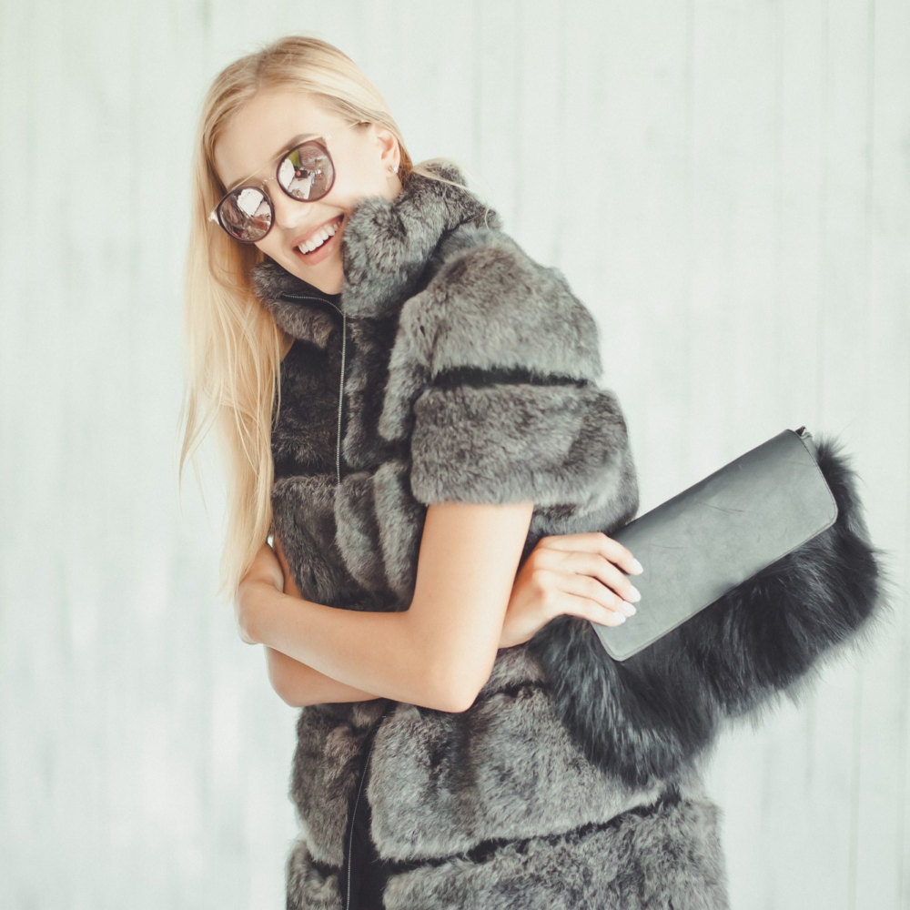 Ash Grey Hooded Rabbit Fur Vest with Tied Narrow Belt - Small at   Women's Coats Shop