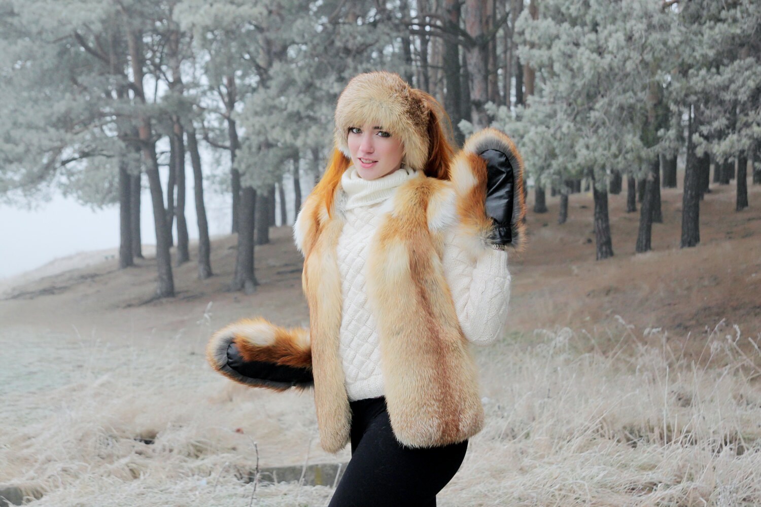 Red Fox Fur Headband | Handmade Winter Ear Warmer - Etsy display picture 2