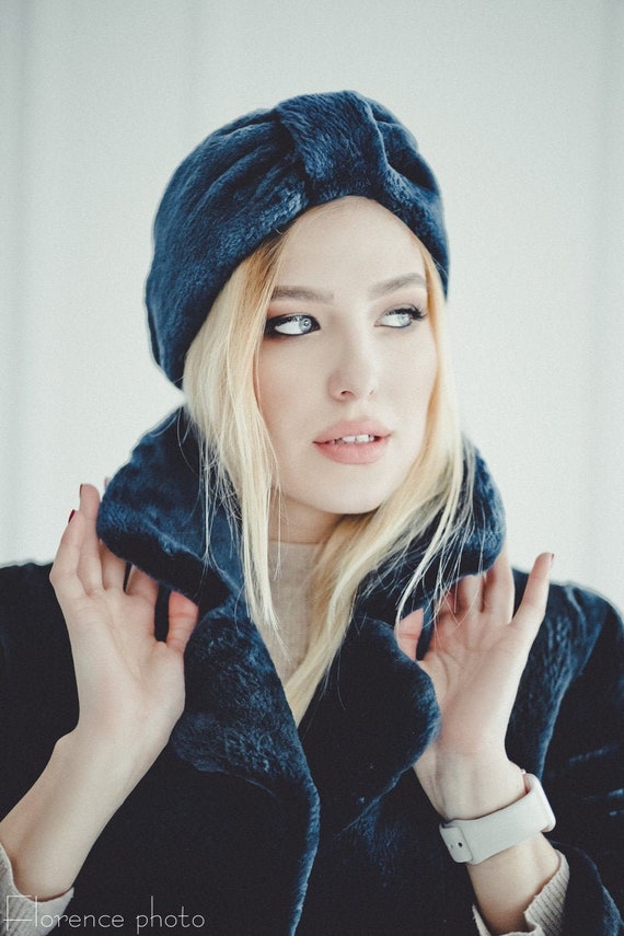 Blue Beaver Fur Turban Headband | Real Fur Winter Ear Warmer  display picture 3