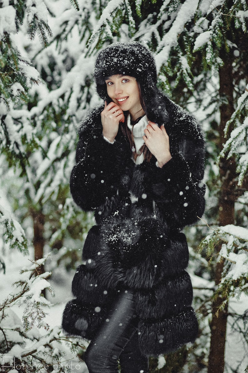 Fox Fur Black Coat Long Winter Coats for Women Womens - Etsy
