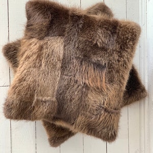 Real Beaver Fur Pillow Cover | 18x18” Cushion Case | Natural Brown | Luxury Fur Decor